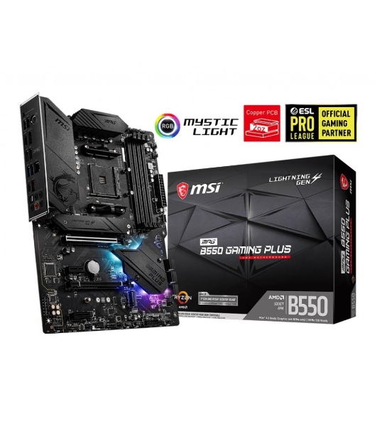 Материнская плата MSI MPG B550 GAMING PLUS, AM4, AMD B550, 4xDDR4, 6xSATA, 2xM.2, 1xPCI-E 4.0 x16, 1xPCI-E 3.0 x4, 2xPCI-E x1, 1xHDMI, 1xDP, 1x 1Gb LAN, 4xUSB-A 2.0, 2xUSB-A 3.2 Gen 1, 1xUSB-A 3.2 Gen 2, 1xUSB-C 3.2 Gen 2, 5x3.5 мм, 7.1, ATX