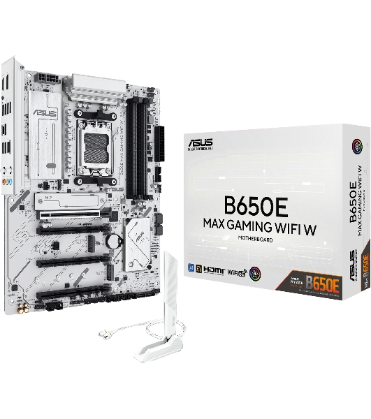 Материнская плата ASUS B650E MAX GAMING WIFI W, AM5, AMD B650, 4xDDR5, 4xSATA, 3xM.2, 1xPCIe 5.0 x16, 1xPCIe 4.0 x4, 2xPCIe 3.0 x1, 1xDP, 1xHDMI, 1x2.5Gb LAN, Wi-Fi 6E, Bluetooth 5.3, 1xUSB-C 10Gbps, 3xUSB-A 10Gbps, 2xUSB-A 5Gbps, 2xUSB-A 2.0, 3x3.5 мм, 7.1, ATX