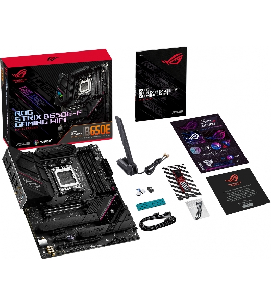 Материнская плата ASUS ROG STRIX B650E-F GAMING WIFI, AM5, AMD B650, 4xDDR5, 4xSATA, 3xM.2, 1xPCI-E 5.0 x16, 1xPCI-E 4.0 x4, 2xPCI-E x1, 1xHDMI, 1xDP, 1x 2.5Gb LAN, 4xUSB-A 2.0, 4xUSB-A 3.2 Gen 1, 2xUSB-A 3.2 Gen 2, 1xUSB-C 3.2 Gen 2, 1xUSB-C 3.2 Gen 2x2, 5x3.5 мм, 7.1, ATX
