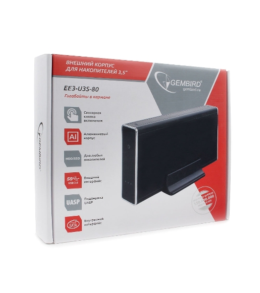 Внешний корпус 3.5' Gembird EE3-U3S-80, черный, USB 3.0, SATA, HDD/SSD, алюминий, сенсорная кнопка, блок питания
