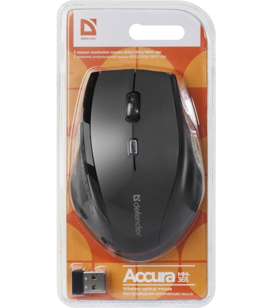 Мышь беспроводная Defender Accura MM-365 черный, 1600 dpi, радиоканал, USB, кнопки - 6