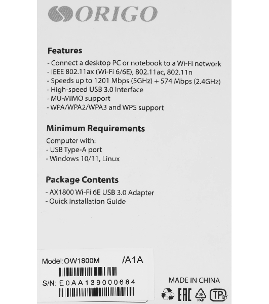 Сетевой адаптер Wi-Fi Origo OW1800M, AX1800, USB 3.0, (ант.внеш.несъем.) 2ант.