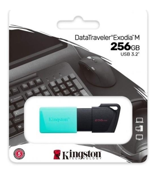 Флешка USB Kingston DataTraveler Exodia М (DTXM/256Gb), 256Gb, USB 3.2 Gen 1, R/W 150/60, черный/бирюзовый
