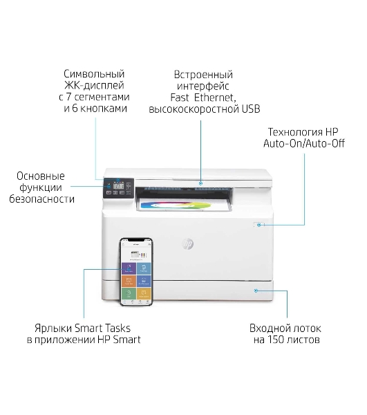 МФУ лазерное HP Color LaserJet Pro MFP M182n (7KW54A), A4, цветной, печ. до 16 стр/мин., 600 x 600 dpi (печать) 1200x1200dpi (скан.), USB, RJ-45, Air Print, Mopria