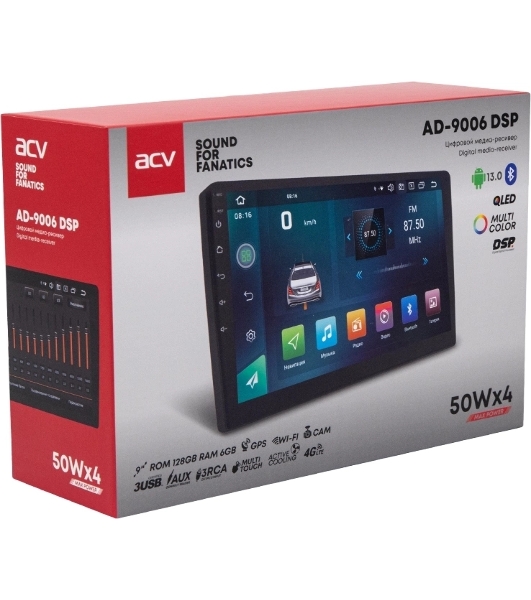 Автомагнитола ACV AD-9006DSP, 2 DIN, 9', Android 13, Bluetooth, USB Type-A, AUX, GPS, 4G, CarPlay