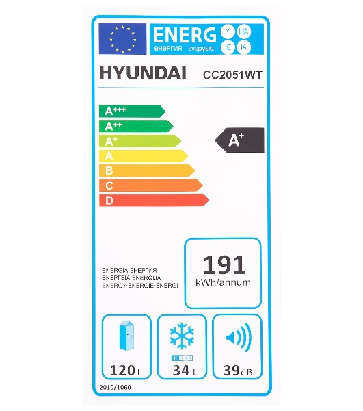 Холодильник Hyundai CC2051WT белый двухкамерный 120/34л морозилка снизу