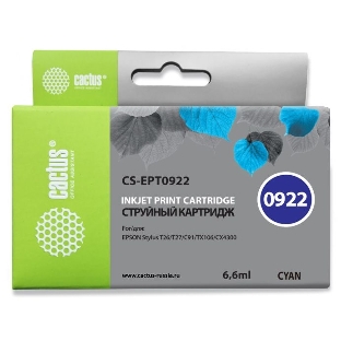 Картридж струйный Cactus CS-EPT0922 (T0922) голубой (6,6 мл) для Epson Stylus C91/CX4300/T26/T27/TX106