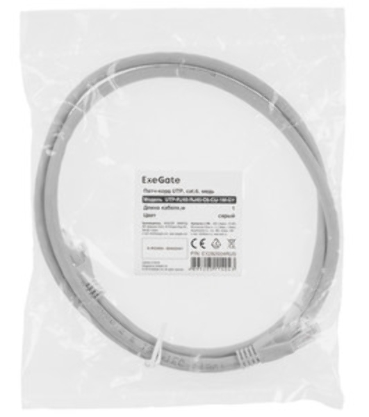 Патч-корд ExeGate UTP-RJ45-RJ45-C6-CU-1M-GY, UTP, cat.6, 1м, медь, серый
