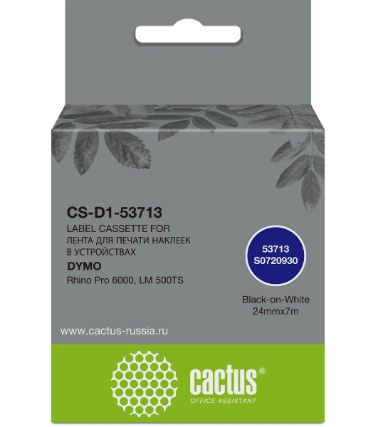 Картридж ленточный Cactus CS-D1-53713 24мм, черный шрифт, белый фон, 7м для DYMO Rhino Pro 6000, LM 500TS