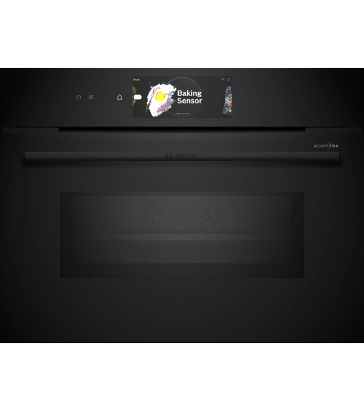 Встраиваемый духовой шкаф Bosch CMG978NB1 Accent line с микроволновой печью и 22 типами нагрева, 45.5x59.5x54.8 см, 45л, дисплей,инвертор,SoftClose и SoftOpen, Bosch Assist, черный. Телескопические направляющие 1 уровень,пиролитическая очистка,многоточечный термощуп PerfectRoast