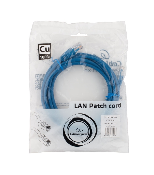 Патч-корд медный UTP Cablexpert PP10-3M/B cat.5e, 3м, литой, многожильный, синий