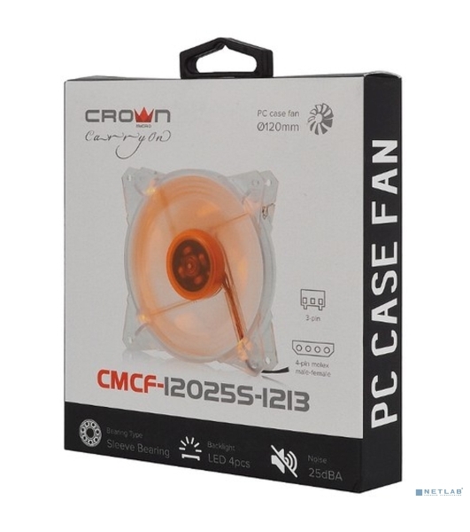 Вентилятор для корпуса Crown CMCF-12025S-1213 прозрачный/оранжевый, 120 мм, 1650 об/мин, 28 дБ, 3 pin