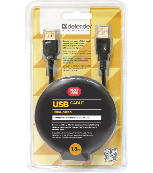 Кабель Defender PRO USB 2.0 кабель удлинительный 1.8м AM/AF, зол.конт, 2фер.фил.