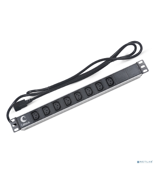 Блок розеток Cabeus PDU-8I-2IEC для 19' шкафов, горизонтальный, 8 розеток IEC 320, 10 A, без выключателя, алюминиевый корпус, шнур 2 м, вилка IEC 320
