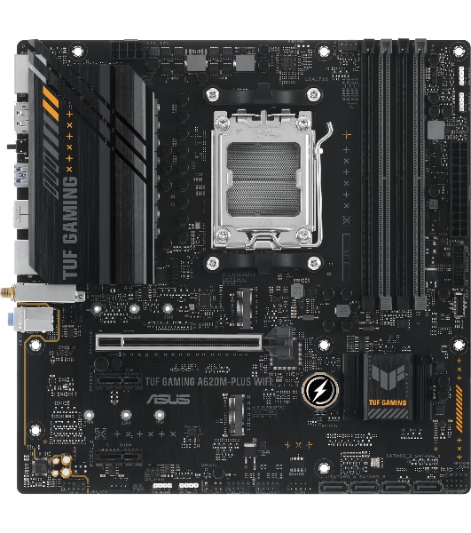 Материнская плата ASUS TUF GAMING A620M-PLUS WIFI, AM5, AMD A620, 4xDDR5, 4xSATA, 2xM.2, 1xPCIe 4.0 x16, 2xPCIe x1, 2xDP, 1xHDMI, 1x 2.5Gb LAN, 4xUSB-A 2.0, 2xUSB-A 3.2 Gen 1, 3x3.5 мм, 7.1, mATX