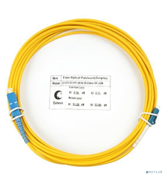 Коммутационный шнур оптический Cabeus Tight Buffer, Simplex SC/LC, OS2 9/125, LSZH, 7м, d= 3мм, синий хвостовик, желтый