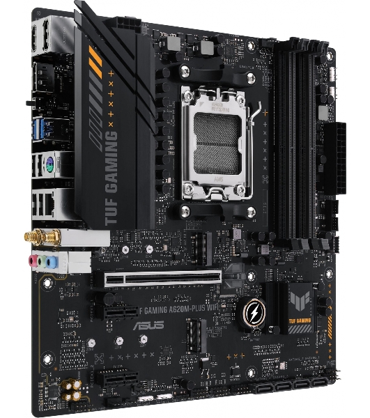 Материнская плата ASUS TUF GAMING A620M-PLUS WIFI, AM5, AMD A620, 4xDDR5, 4xSATA, 2xM.2, 1xPCIe 4.0 x16, 2xPCIe x1, 2xDP, 1xHDMI, 1x 2.5Gb LAN, 4xUSB-A 2.0, 2xUSB-A 3.2 Gen 1, 3x3.5 мм, 7.1, mATX