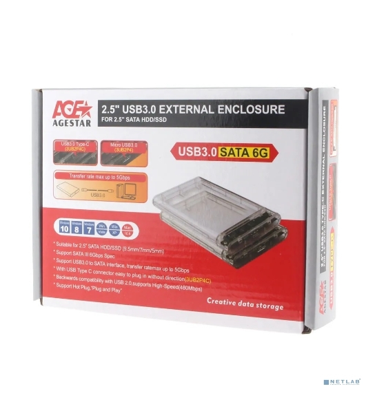 Внешний корпус USB 3.0 2.5' SATAIII HDD/SSD AgeStar 3UB2P4 (TRANSPARENCY) пластик, прозрачный