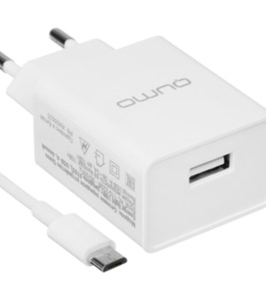 Сетевое зарядное устройство Qumo Energy light 10Вт, (модель 0103), порт: USB-A, + кабель PVC 1м. USB-A на MicroUSB, белый