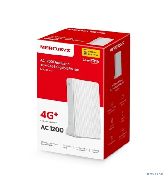 Двухдиапазонный гигабитный роутер Mercusys MB230-4G Wi-Fi AC1200 с поддержкой 4G+ категории 6