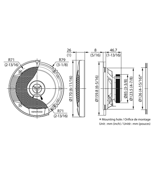 Колонки автомобильные Kenwood KFC-S1676EX 330Вт 87дБ 4Ом 16см (6.5дюйм) (ком.:2кол.) коаксиальные