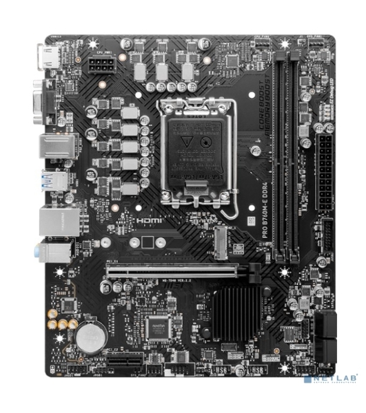 Материнская плата MSI PRO B760M-E, LGA 1700, Intel B760, 2xDDR5, 4xSATA, 1xM.2, 1xPCIe 4.0 x16, 1xPCIe 4.0 x1, 1xHDMI, 1xVGA, 1x1Gb LAN, 2xUSB-A 3.2 Gen 1, 4xUSB-A 2.0, 3x3.5 мм, 7.1, mATX