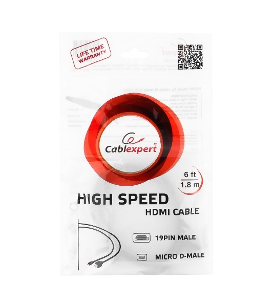 Кабель Cablexpert HDMI-micro HDMI CC-HDMID-6, 19M/19M, v2.0, медь, позол.разъемы, экран, 1.8м, черный, пакет