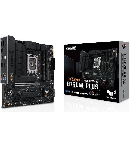 Материнская плата ASUS TUF GAMING B760M-PLUS, LGA 1700, Intel B760, 4xDDR5, 4xSATA, 2xM.2, 1xPCIe 5.0 x16, 1xPCIe 4.0 x4, 1xPCIe x1, 2xUSB-A 3.2 Gen 2, 3xUSB-A 3.2 Gen 1, 2xUSB 2.0, 1xUSB-C 3.2 Gen 2x2, 1x2.5Gb LAN, 5x3.5 мм, 7.1, mATX