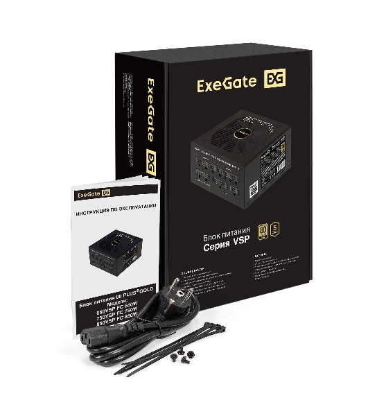 Блок питания 850W ExeGate 80 PLUS® GOLD 850VSP FС (ATX3.0, APFC, КПД 90% (80 PLUS Gold), 120мм fan, 24pin, 2x(4+4)pin, PCIE5.0/12VHPWR, 4xPCI-E, 6xSATA, 3xIDE, 1xFDD, Full Cable Management, black, Color box)