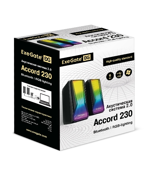 Акустическая система 2.0 ExeGate EX289687RUS Accord 230 (питание USB,Bluetooth, 2х3Вт (6Вт RMS), 60-20000Гц, черный, RGb подсветка)