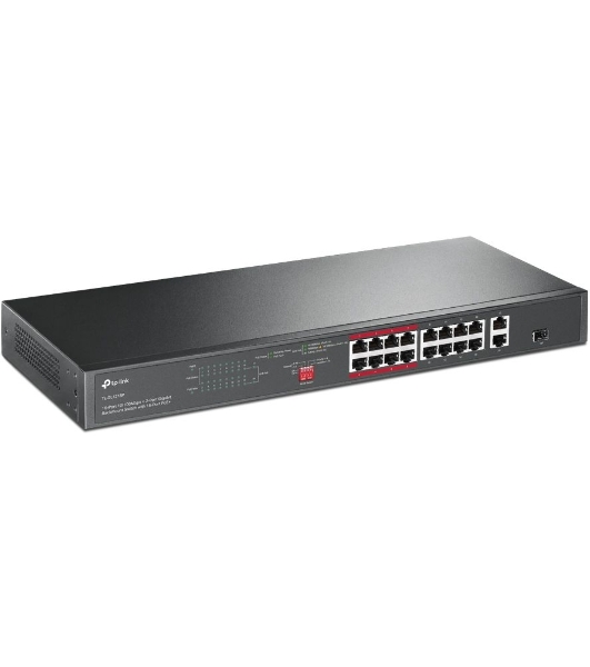 Коммутатор TP-Link 16-port 10/100Mbps + 2-port Gigabit unmanaged switch with 16 PoE+ ports, compliant with 802.3af/at PoE, 150W PoE budget,  support 250m Extend Mode, priority mode and Isolation mode, rackmount, plug and play.