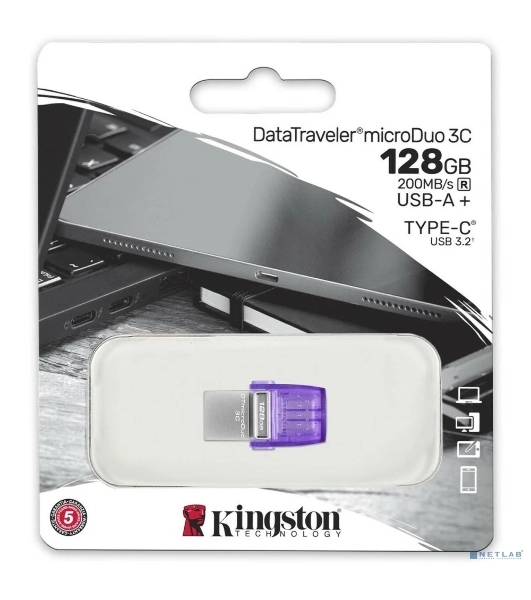 Флешка USB Kingston DataTraveler microDuo 3C (DTDUO3CG3/128Gb), 128Gb, USB 3.2 Gen 1/Type-C, R/W 200/15, фиолетовый