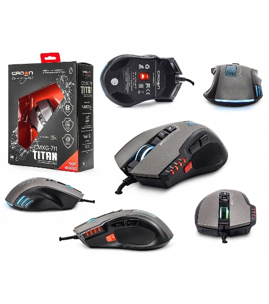Мышь проводная Crown Gaming CMXG-711 черный, 4000 dpi, USB, кнопки - 8