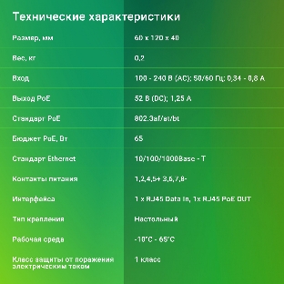 Инжектор PoE Digma DNP65W52GTXP 10/100/1000BASE-T 65Вт 100-240В(АС)