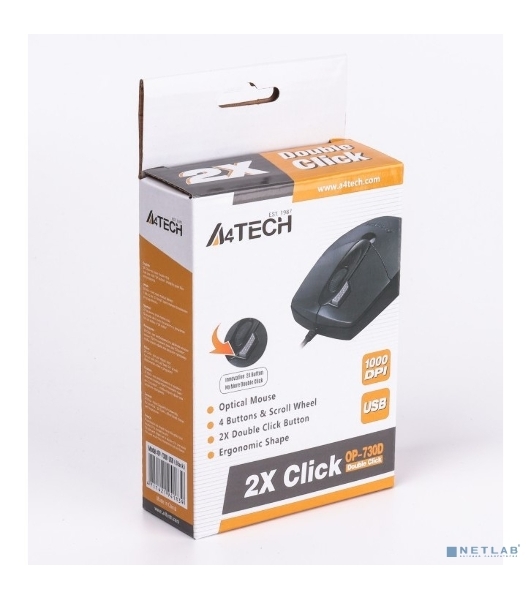 Мышь проводная A4Tech OP-730D черный, 1200 dpi, USB, кнопки - 4