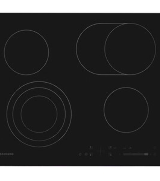 Встраиваемая электрическая панель Samsung NZ64T3536DK/WT 59 x 50.5 x 5.2 см., электронное управление, 15 степеней мощности, автоматическое отключение, защита от детей, блокировка управления, дисплей, 4 конфорки, 2 с зоной расширения, рамка из нержавеющей стали, корпуса черный