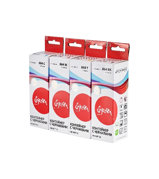 Набор чернил Sakura SIC13T664BA(664 BK) для Epson, водорастворимый тип, (черный, голубой, пурпурный, желтый), 4шт в наборе.
