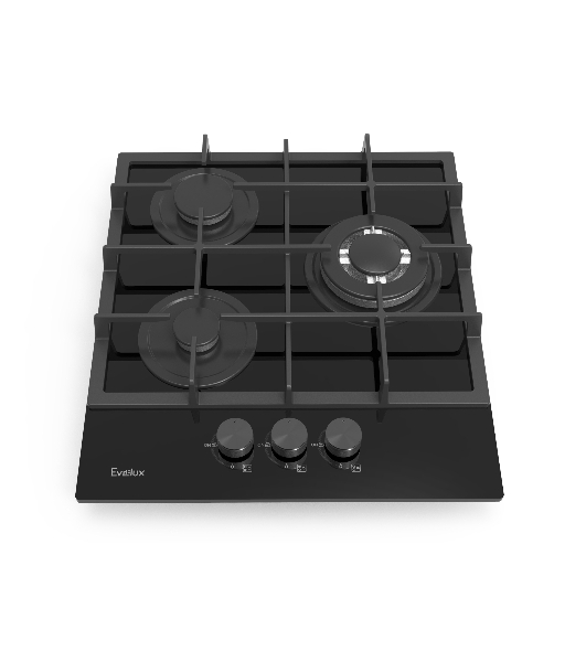 Газовая варочная панель Evelux HEG 425 BG Hi-Tech, 45 см, 3 конфорки, WOK-конфорка, чугунные решетки, газ-контроль, электроподжиг, механическое управление, черный