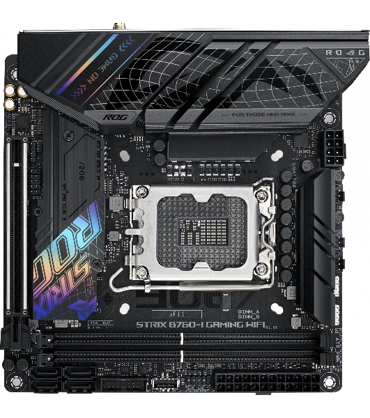 Материнская плата ASUS ROG STRIX B760-I GAMING WIFI, LGA 1700, Intel B760, 2xDDR5, 4xSATA, 2xM.2, 1xPCIe 5.0 x16, 1xHDMI, 1xDP, 1x 2.5Gb LAN, 3xUSB-A 2.0, 3xUSB-A 3.2 Gen 1, 1xUSB-C 3.2 Gen 1, 1xUSB-C 3.2 Gen 2x2, 5x3.5 мм, 7.1, Mini-ITX