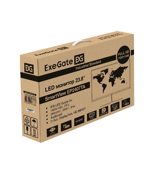 Монитор 23.8' ExeGate SmartView EP2407TA IPS 1920x1080, 75 Гц, 5 мс, 16:9, 250 кд/м2, 1xHDMI, 1xDP, 1xVGA, 1x3.5 мм, черный