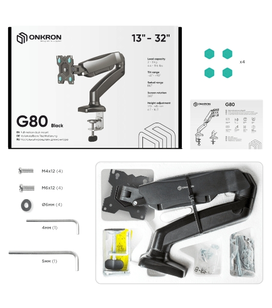 Кронштейн (держатель) ONKRON G80 для монитора 13'-32' дюймов настольный, черный