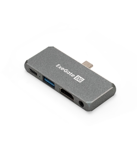 USB-концентратор 5-в-1 ExeGate DUB-31C/PD/HA (кабель-адаптер USB Type-C --> 1xUSB3.0 + Type-C DATA (480Mb/s) + PD 100W + HDMI 4K@30Hz + Audio, Plug&Play, подходит для iPad Pro и мобильных телефонов, серый)
