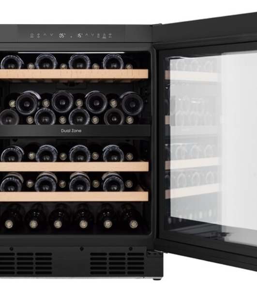 Встраиваемы е винный шкаф Gorenje WCU68F6BG4WF, объем 138 л, вместительность 46 бутылок, 4 полки, цифровой дисплей, Wi-Fi, LED освещение, защита от УФ-излучения, энергоэффективность А+, черный