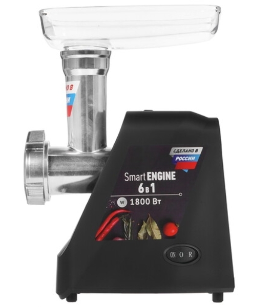 Мясорубка электрическая Polaris PMG 1855 RUS черный, 1800 Вт, 2.0 кг/мин, реверс, защита от перегрузки, насадки - 7