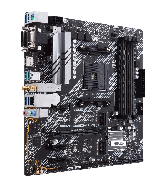 Материнская плата ASUS PRIME B550M-A WIFI II, AM4, AMD B550, 4xDDR4, 4xSATA, 2xM.2, 1xPCI-E 4.0 x16, 2xPCI-E x1, 1xDVI-D, 1xHDMI, 1xVGA, 1x 1Gb LAN, 2xUSB-A 3.2 Gen 2, 4xUSB-A 3.2 Gen 1, 3x3.5 мм, 7.1, Micro-ATX
