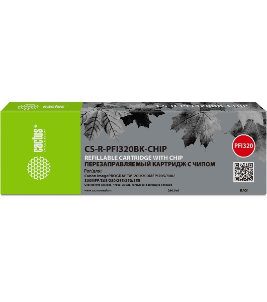 Картридж перезаправляемый струйный Cactus CS-R-PFI320BK-CHIP PFI-320BK черный (260мл) для Canon imagePROGRAF TM-200/200MFP/205/300/300MFP/305/250/255/350/355 с чипом