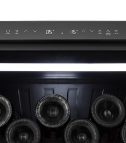 Встраиваемы е винный шкаф Gorenje WCU68F6BG4WF, объем 138 л, вместительность 46 бутылок, 4 полки, цифровой дисплей, Wi-Fi, LED освещение, защита от УФ-излучения, энергоэффективность А+, черный