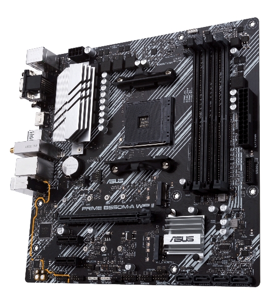 Материнская плата ASUS PRIME B550M-A WIFI II, AM4, AMD B550, 4xDDR4, 4xSATA, 2xM.2, 1xPCI-E 4.0 x16, 2xPCI-E x1, 1xDVI-D, 1xHDMI, 1xVGA, 1x 1Gb LAN, 2xUSB-A 3.2 Gen 2, 4xUSB-A 3.2 Gen 1, 3x3.5 мм, 7.1, Micro-ATX
