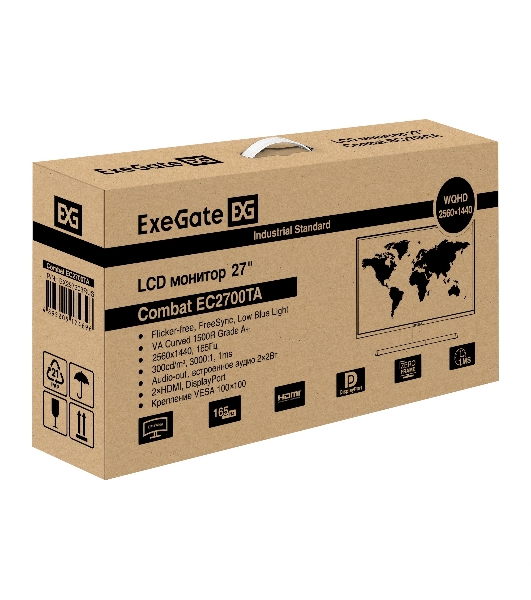 Монитор 27' ExeGate Combat EC2700TA VA 2560x1440, 165 Гц, 1 мс, 16:9, 300 кд/м², 1xHDMI, 1xDP, 2xUSB, 3.5 мм, изогнутый R1500, черный