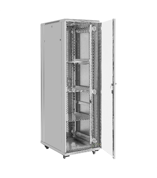Шкаф телекоммуникационный 19' напольный 42U ExeGate EC-FS-42U.600.800.G.V.GREY (19”, 42U, 600x800x2054mm (ШхГхВ), передняя дверь закаленное стекло, задняя перфорированная дверь, съемные боковые панели, пыле- и влагозащита IP20, встроенный вентиляционный модуль, 1 полка в комплекте, светло-серый RAL 7035, 3 коробки)